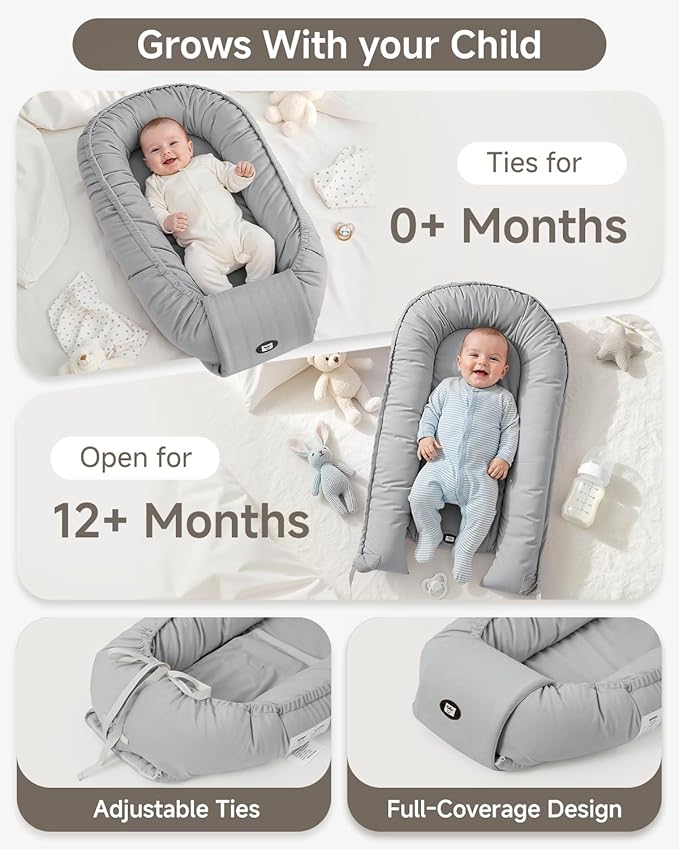 Baby Lounger, Adjustable Baby Lounger for Newborn 0-24 Months, Breathable & Soft Infant Lounger,Tummy Time Lounger for Home and Travel,Baby Girls & Boys Babies Stuff, Mother's Day Gift for Her, Grey