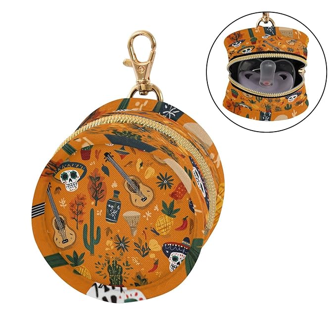Pacifier Holder with Clip Pacifier Case for Diaper Bag Round Baby Pacifier Pouch Box Bag Portable Day of The Dead Orange Skull Cacti Guitar
