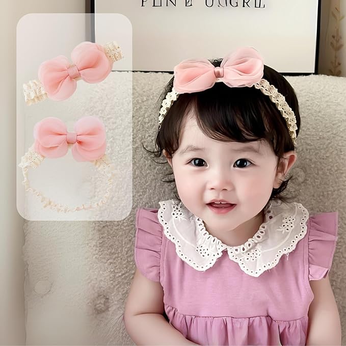 Cute Lace Bow Baby Girls Headbands Large Knot Hair Band Soft Chiffon Hairband Elastic Shower Hair Accessories for Newborn Infant Toddler Kids (Pink C, Elastic)