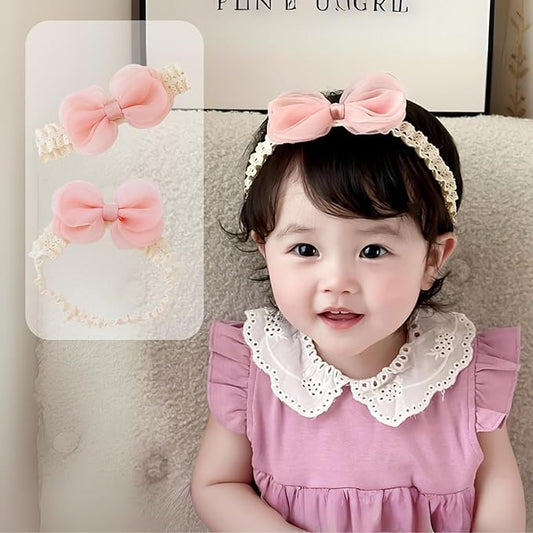 Cute Lace Bow Baby Girls Headbands Large Knot Hair Band Soft Chiffon Hairband Elastic Shower Hair Accessories for Newborn Infant Toddler Kids (Pink C, Elastic)