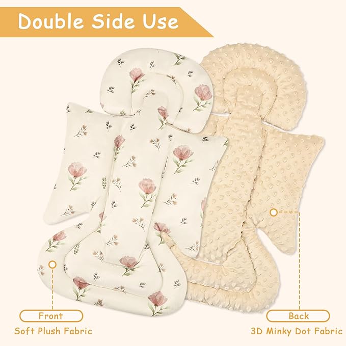 SWESEN Infant Car Seat Insert with 3 Strap Covers Set, Car Seat Head Support Baby for Girls, Soft 3 in 1 Baby Car Seat Cushion for Strollers, Bouncers, Swing, Simple Floral