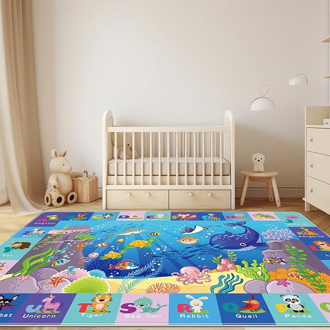Baby Mat for Floor, Sea Animal Play Rug, ABC Kids Rugs for Playroom, Ocean Playmat Crawling Tummy Time Mat, Non-Toxic Non-Slip Foldable Mats (110.2X78.7 INCH)