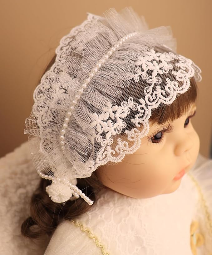 Baby Girls Headband Lacy Bow Pearl Wide Hair Band Turban for Infants Newborn Toddler Floral Ivory Elastic Head Wrap Breathable Sun Bonnet Hair Accessories (White A)