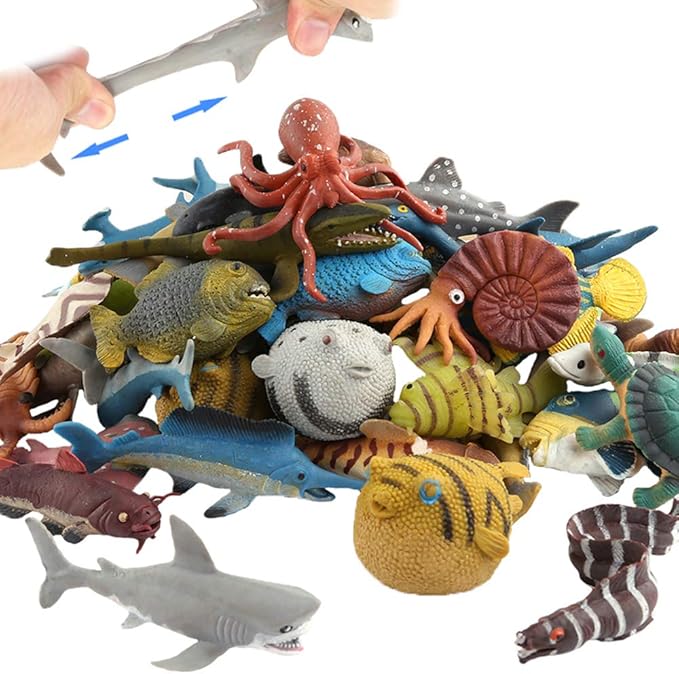 18 Pack Assorted Ocean Animal, Stretchy and Floating Rubber sea Animals Toy Set, Mini Realistic Under The Sea Life Figure for Toddler Bath Bathtub, Shark Octopus Fish Toys Bulk for Kid Party