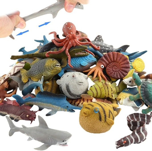18 Pack Assorted Ocean Animal, Stretchy and Floating Rubber sea Animals Toy Set, Mini Realistic Under The Sea Life Figure for Toddler Bath Bathtub, Shark Octopus Fish Toys Bulk for Kid Party