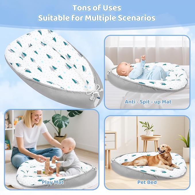 Baby Lounger for Newborn,0-12 Months,Soft Infant Lounger Pillow for Home and Travel, Baby Protable Nest Lounger with Cover,Multi-Use Baby Lounger for Supervised Play&Tummy Time(Tree)