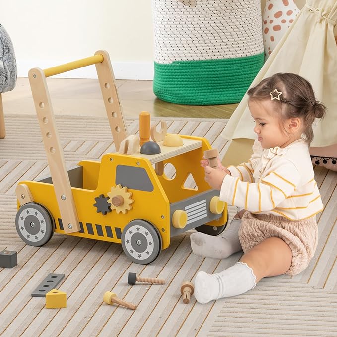 BABY JOY Wooden Baby Walker, Pretend Play Tool Bench, Push and Pull Learning Walker Activity Center, Toddler Montessori Educational Toy for Boys Girls
