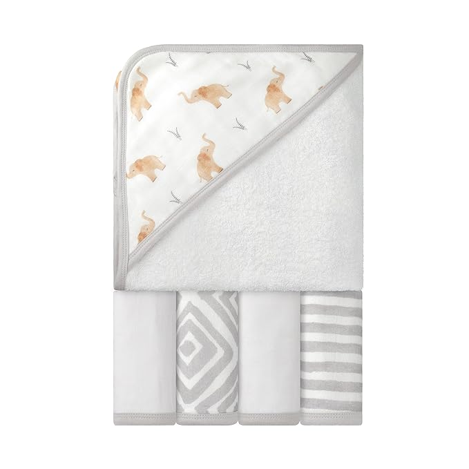 Featherhead™ 5-Piece 100% Cotton Muslin Hooded Bath Towel & Washcloths Set for Baby Boy - Ultra Soft and Extra Absorbent - Newborn Essential & Perfect Baby Registry Gift (Elephant)
