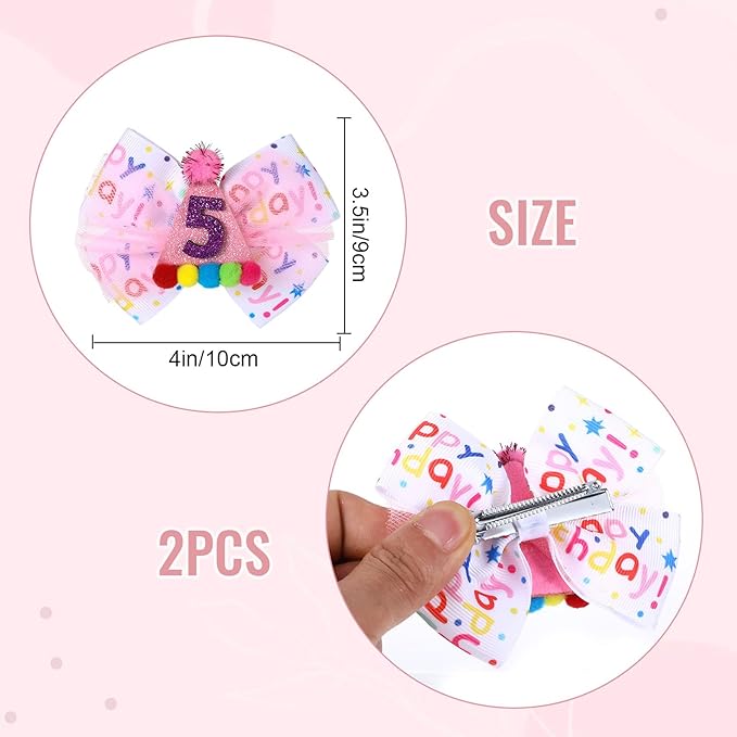 Birthday Hair Bow for Baby Girls 1 2 3 4 5 6 Year Old Sprinkle Hair Clips Happy Birthday Decorations for Girls Toddlers With Pom-Poms Ice Cream Candy Party Pink Hair Accessories for 5th Sweet Party