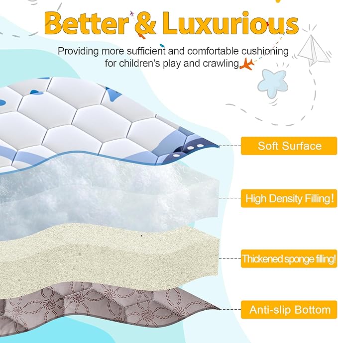 Baby Play Mat 43x43inch - Thick & Soft Ocean Theme Playmat with Ray & Starfish - Padded Crawling Mat for Babies & Toddlers, Non-Slip & Machine Washable Floor for Playpen