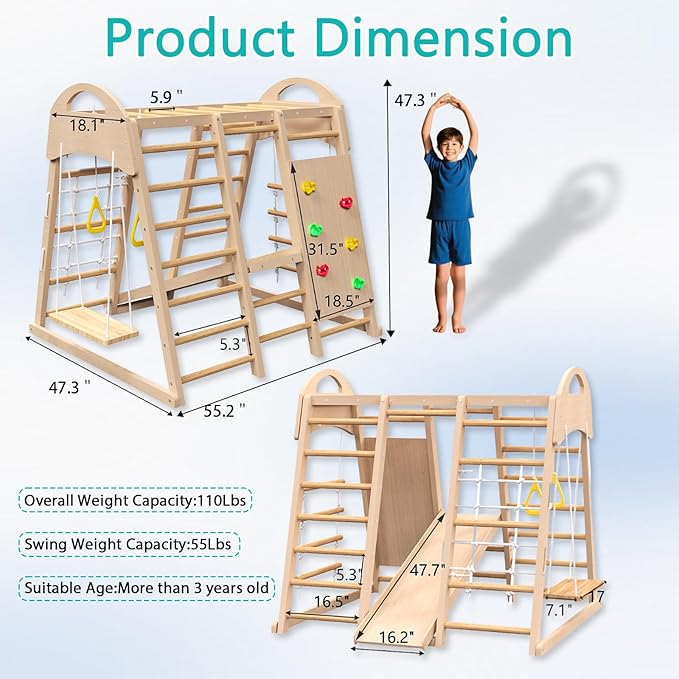 Indoor Playground, Wooden Indoor Jungle Gym for Kids, Toddler Climbing Toys with Stair Slide Swing Set Monkey Bars, Gym Equipment for Backyard, Outdoor Playset for Kids Aged 3-8 (9-in-1)