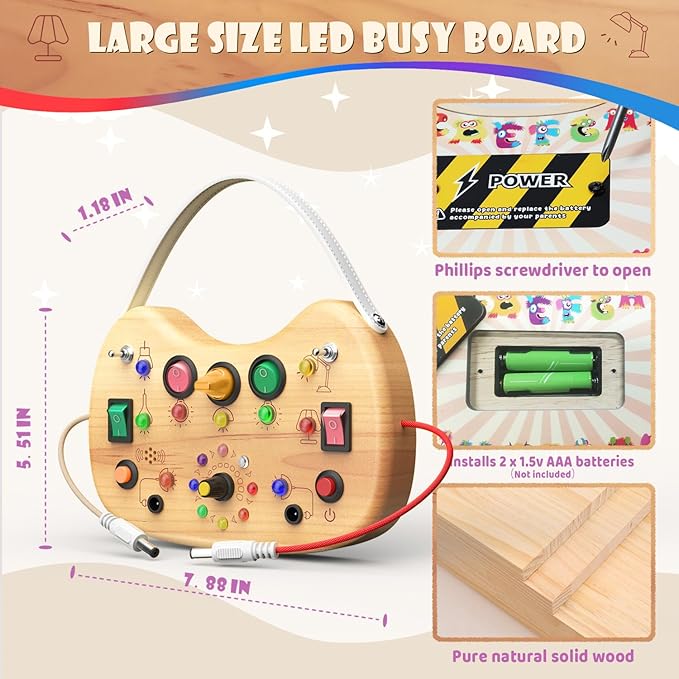 UdoUto Toddler Busy Board with LED Light Up Switch, Wooden Montessori Busy Board for Todder 1-3, Travel Toys for Autistic Kids, Gift for 1 2 3 Year Old Baby Boys & Girls