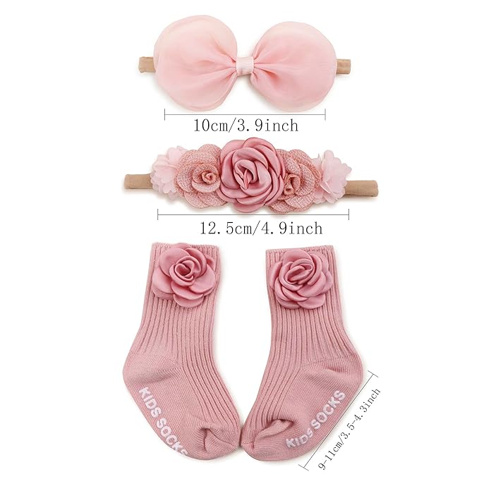 cherrboll Baby Girl Headbands and Socks Set, 3Pcs Soft Floral Hairbands Hair Bows Knit Socks for Newborn Infants Toddlers Photography Props Gifts