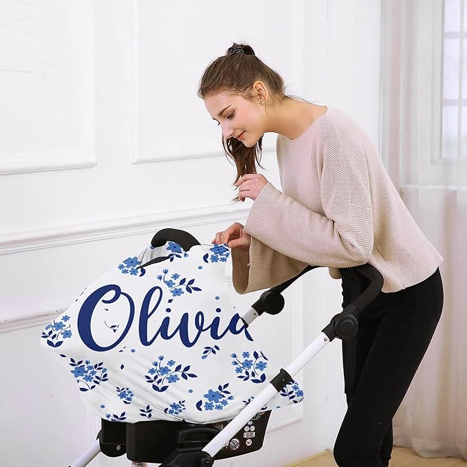 Personalised Car Seat Cover for Babies - Multi-use Carseat Canopy Cover with Name, Blue Theme Car Seat Covers, Christmas Birthday Gifts for Infant Boys and Girls