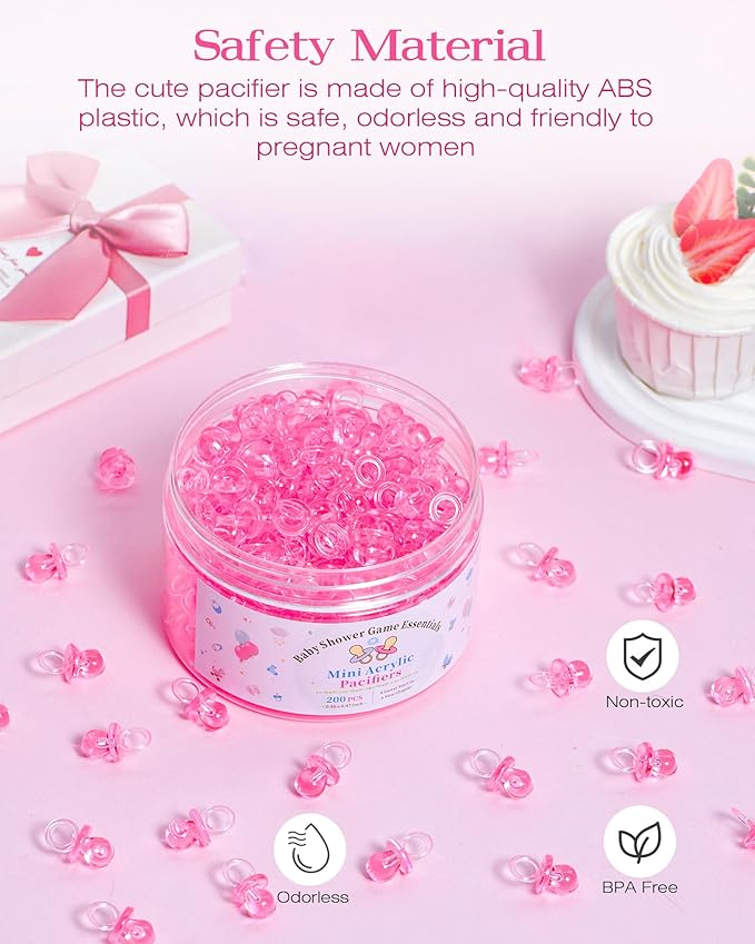 200 Pcs Mini Pacifiers Baby Shower Games, 0.86'' Acrylic Pacifiers in Clear Jar, Chupones para Baby Shower Pacifier for Party Favors, Table Scatter, Gender Reveal Decoration DIY Craft(Pink)