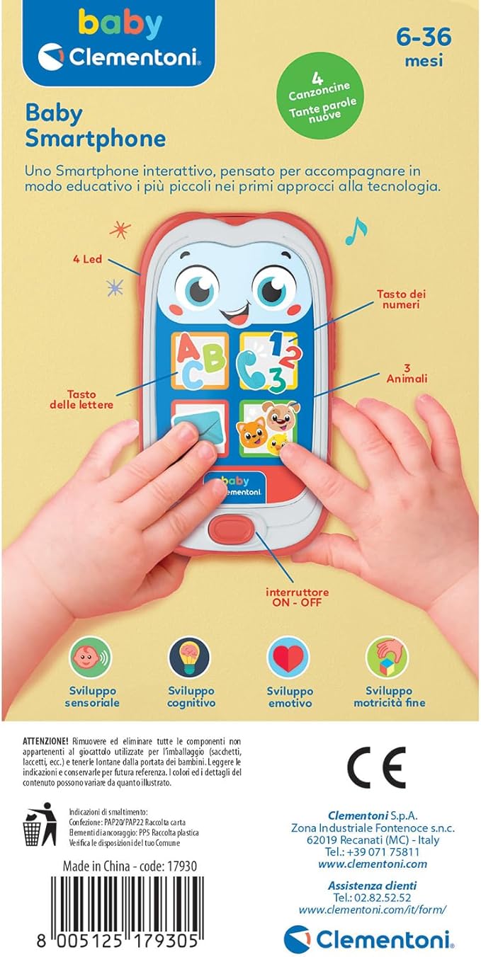 Clementoni Baby Smartphone Red – First Toy Phone for Children 6 Months, Mobile Game, Musical, Interactive Electronic Gift Talking, Lights and Sounds, Early Childhood Fake Phone, 17930