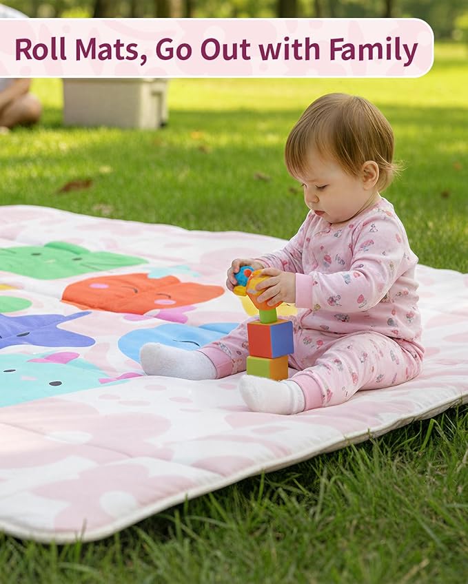 Baby Play Mat, Foldable Play Mats for Floor, 50x50 Inches Crawling Mat for Playpen with Anti-Slip Bottom, Machine Washable, Thicken Padding Foam Playmats for Babies and Toddlers (Pink Floral)