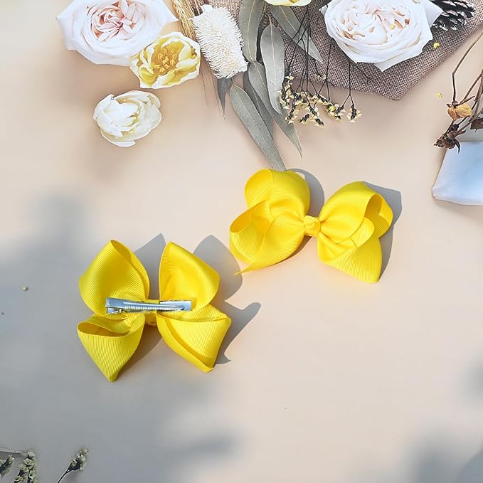 2 PCS 4.5inchs Hair Bows for Girls Grosgrain Ribbon Hair Bow Alligator Clips Hair Accessories for Baby Girls Toddlers(Yellow)