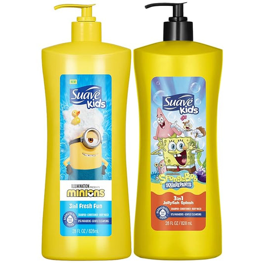 Suave Kids 3-in-1 Variety 2-Pack – Minions Fresh Fun + SpongeBob SquarePants JellyFish Splash Tear-Free Shampoo, Conditioner & Body Wash, 28 Oz Ea