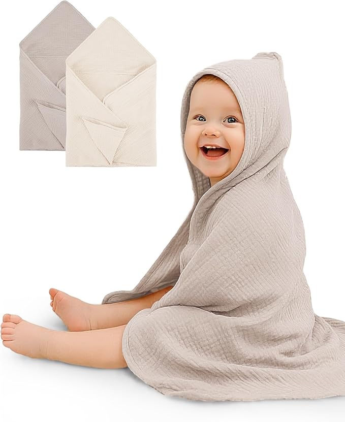 Hooded Baby Towels 2 Pack, Muslin Baby Bath Towels with Hood for Newborn Infant and Toddler, Soft Breathable & Absorbent, 32" x 32" (Beige & Cream, Lightweight)