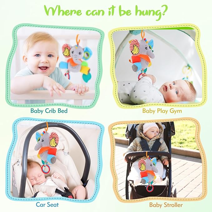 Baby Toys 0-6-12 Months: Elephant with Detachable Touch-Sensitive Sound Box (30 Sounds), Removable Bib, Teether, Rattle, BB Squeaker, Mirror | Attaches to Strollers, Car Seats, Carriers