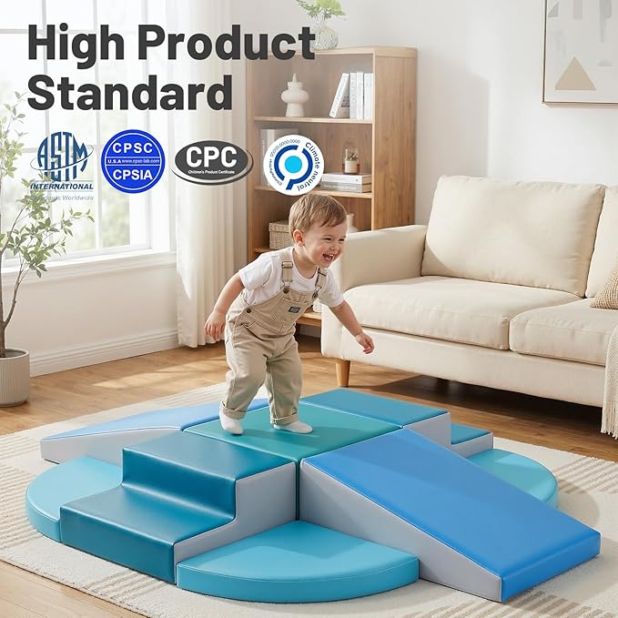 TODIBY 9-Piece Climbing Toys for Toddlers: Soft PU Leather Foam Blocks - Baby Climb and Crawl Activity Blocks - Kids Play Gym Equipment Indoor for Development(Modern)