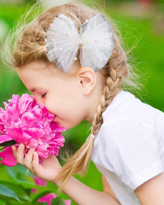4PCS Ivory Tulle Hair Bows for Toddler Girls Cute Pearls Hair Clips Sweet Flower Girl Hair Accessories for First Communion Party Daily Wearing
