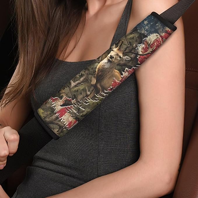 AFPANQZ American Flag with Deer Car Safety Seat Belt Cover 2 Pack Truck Vans Sedans SUVs Seat Belt Pad Cushion Comfortable Shoulder Protectors Cover Cushion