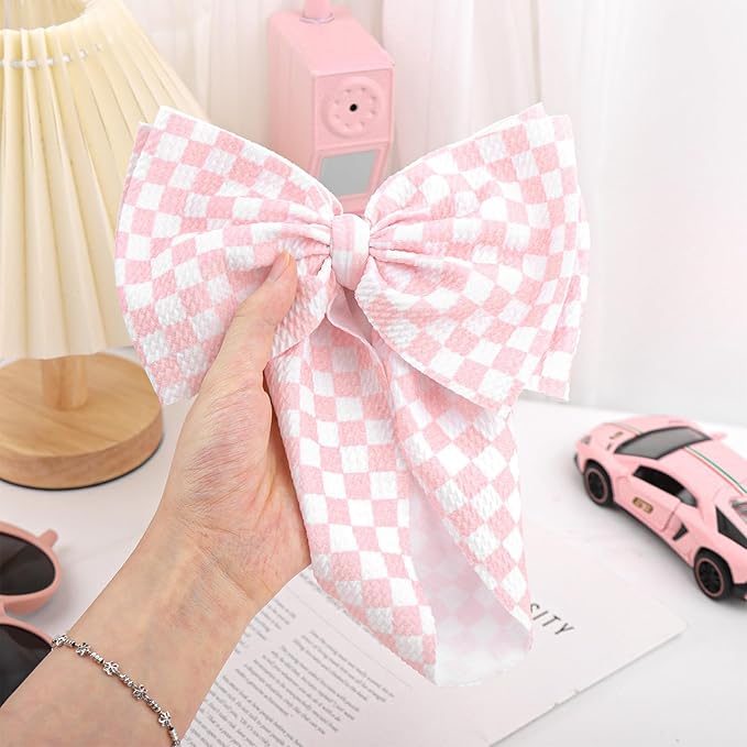 YanJie 7’’ Pink Checkered Bow for Baby Girl Racing Bows Plaid Headbands for Newborns Infants Toddlers Two Fast Birthday Girls Hair Accessories