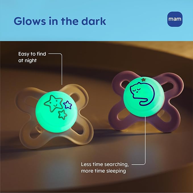 MAM Original Start Baby Pacifiers 0-3 Months, BPA-Free Skin Soft Silicone Nipple, Glows in The Dark, Developed with Medical Experts Specially for Smaller Newborn Mouths, 2 Pk with Sterilizer Case