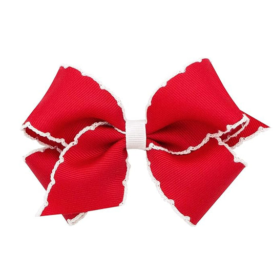 Wee Ones Girls' Classic Grosgrain Moonstitch Edge Hair Bow, No-Slip Hair Clip, Handmade, Red with White, Small