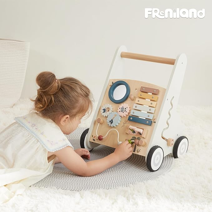 Freniland Wooden Baby Walker，Baby Walker with Wheels for Toddlers 18M+，Montessori Toys with Bead Maze, Xylophone and Storage for Boy and Girl