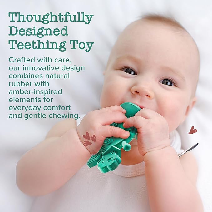 Bambeado Dibly Baby Teething Toy - Made with Natural Rubber & Amber Elements - Easy to Hold, Simple to Clean - Cute Dinosaur Teether Toy - Alternative to Amber Teething Necklace Green