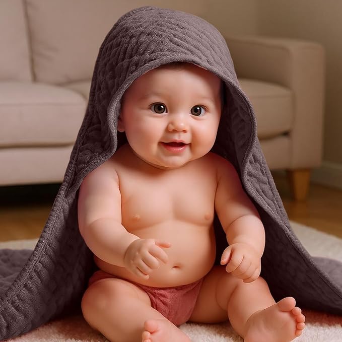 Peryiter 6 Pcs Muslin Hooded Baby Towels 32 x 32 Inch Cotton Newborn Bath Essentials Muslin Infant Blankets Absorbent Registry Gifts for Girl Boy Kids Baby Shower (Gray Series)