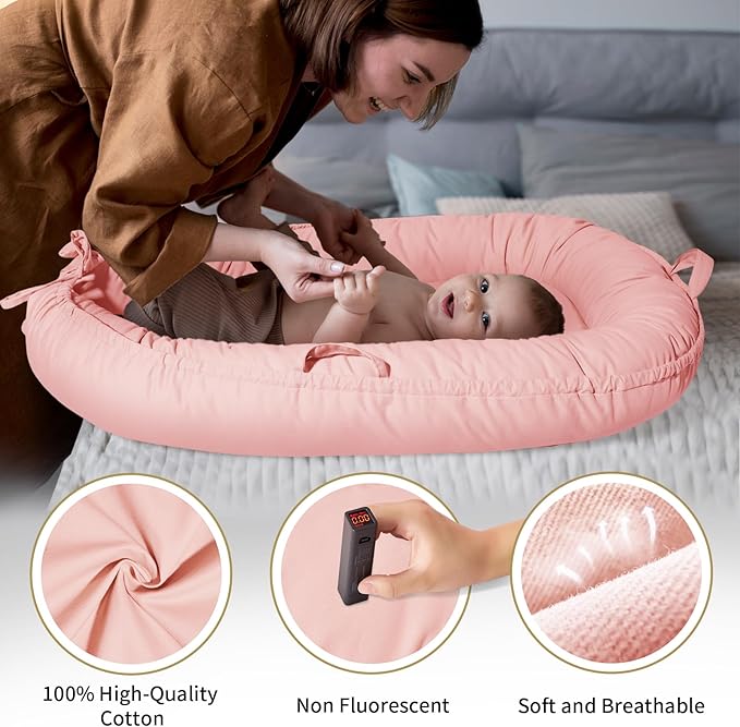 Baby Lounger - Infant Support Cushion for Newborn 0-24 Months, Soft Breathable Cotton Cover, Portable Mat for Trave, Supervised Use, Baby Essentials Gift for Infant Girl (Pink)