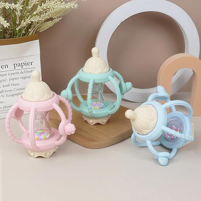 Baby Carousel Teething Toy with Soft Silicone & ABS, 2-in-1 Rattle and Removable Teether Ring, BPA-Free Multi-Sensory Toy for Infants 0–12 Months Newborn Gift for Boys and Girls (Pink)