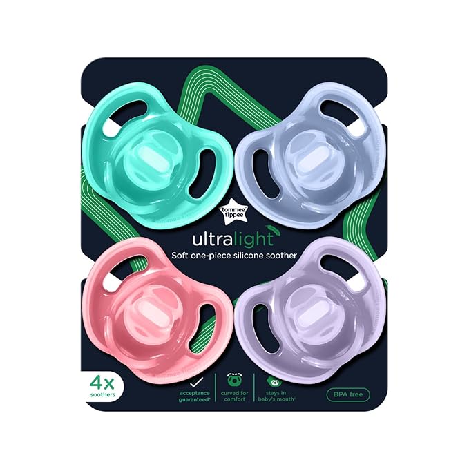 Tommee Tippee Ultra-Light Silicone Pacifier,18-36 Months,Symmetrical One-Piece Design,BPA-Free Silicone Binkies,Pink/Violet/Green,(Pack of 48)