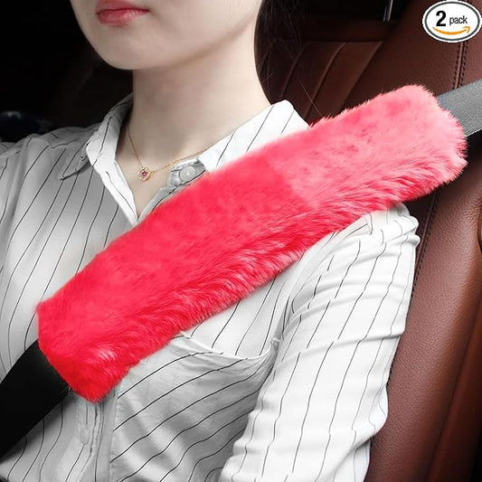GAMPRO Car Seat Belt Pad Cover Kit, 2-Pack 13 inch Faux Rex Rabbit Fur Soft Comfortable Car Safety Seat Belt Strap Shoulder Pad for Adults and Children (Red)