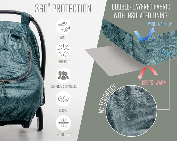 Universal Fit Car Seat Covers for Babies by SA ACCESSORIES – Waterproof Infant and Baby Car Seat Cover with Storage Bag - Carseat Canopy for Boys and Girls – Green Snake