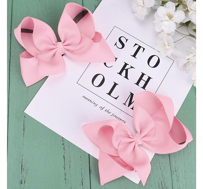 DEEKA 2 PCS 6" Big Hand-made Grosgrain Ribbon Solid Color Hair Bows Alligator Clips Hair Accessories for Little Teen Toddler Girls Kids Set of 2 -Light Pink