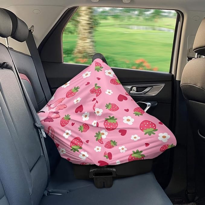 Axolotl Car Seat Covers Canopy Cover - Multi-use Cover Pink Strawberry Carseat Canopy, Breathable Breastfeeding Cover, Reusable Car Seat Covers for Bbies