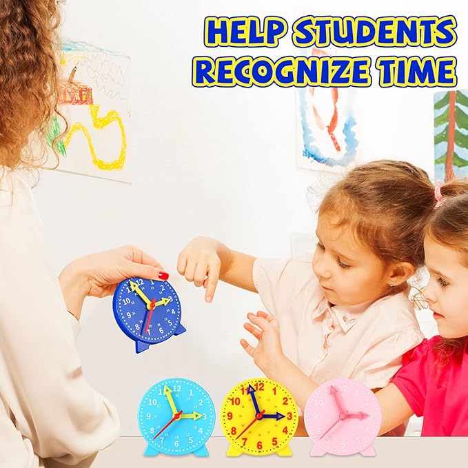 Batiyeer 24 Pcs Teaching Clock Kit for Kids to Tell Time Teaching Mini Geared Clock for Kids Basic Math Development Teacher and Classroom Supplies, 4 Inch(Dark Blue, Yellow, Pink, Sky Blue)