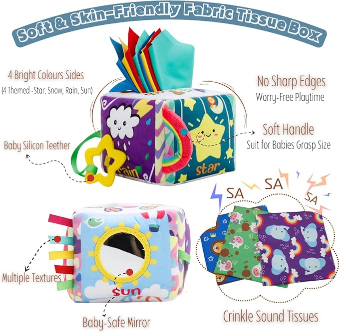 Tissue Box Toy for Baby, Montessori Sensory Pull Toy with 12 Durable Cloth Scarves & Crinkle Paper for 6-12 Months Infants, Early Learning Educational Motor Skills Development Gift