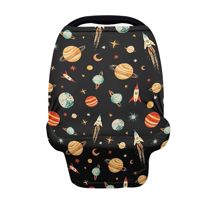 GIFTPUZZ Planet Rocket Stretchy Car Seat Cover for Babies, Nursing Cover Breastfeeding Cover for Baby Boys, Soft Breathable Infant Carseat Canopy, Shopping Cart/High Chair/Stroller Covers