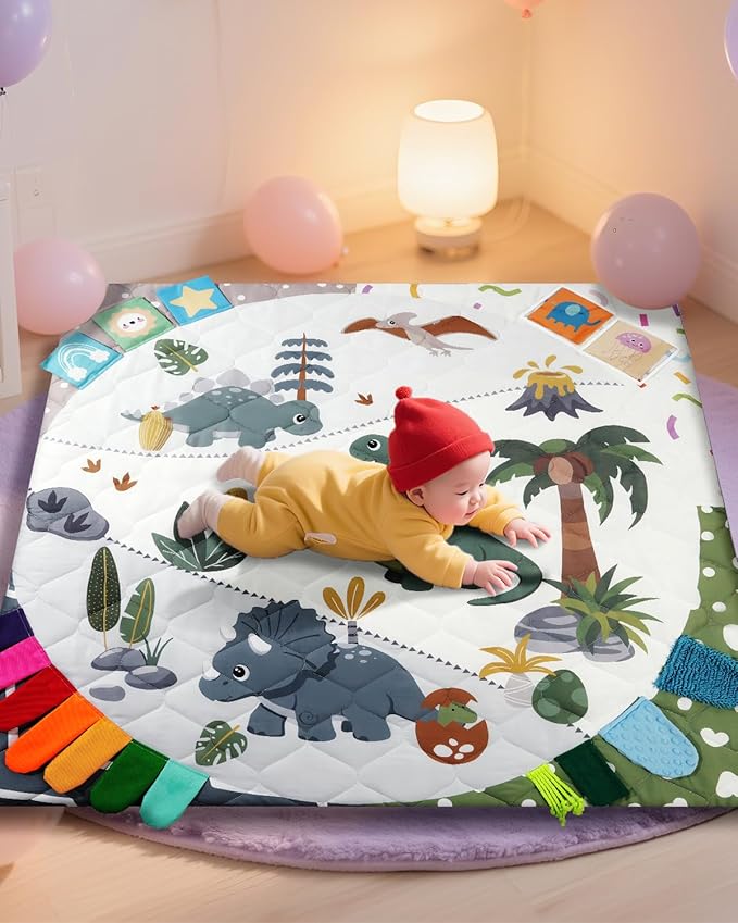 TINYHARBO Premium Foam Baby Play Mat 50x50, 4 Developmental Zones Play Mat with Removable & Machine Washable Cover, Extra Thick Padding Playpen Mat, Easy to Clean for Infants, Toddlers & Babies