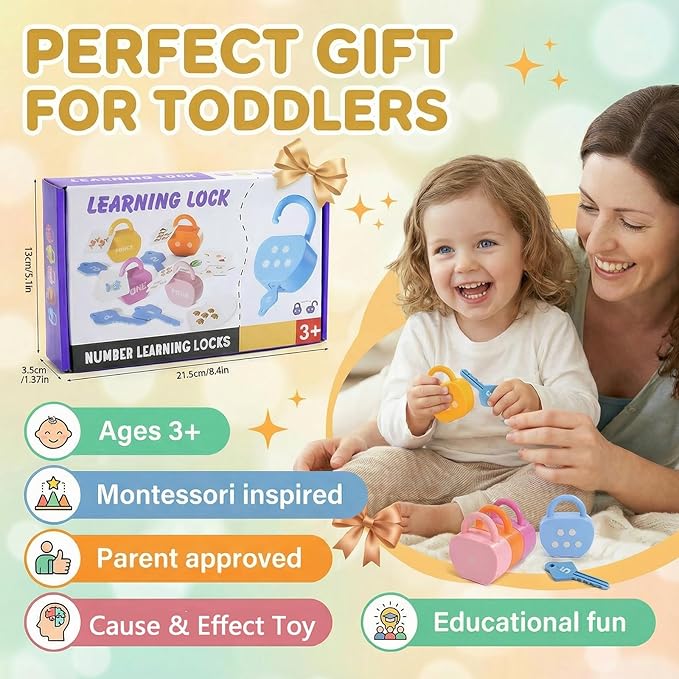 GEERAY Cause and Effect Toys for Toddlers 3+, Montessori Lock & Key Set with 5 Apple-Shaped Locks, Keys & 10 Cards – Learn Numbers, Colors & Motor Skills STEM Toy Gift for Home & Classroom