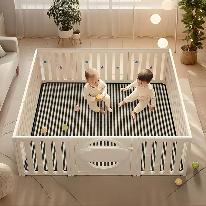 Stripes Khaki Black Baby Play Mat for Floor 50" X 50" Foldable Waterproof Non-Slip Playmat for Baby Playpen Quilted Crawling Mats Game Rug