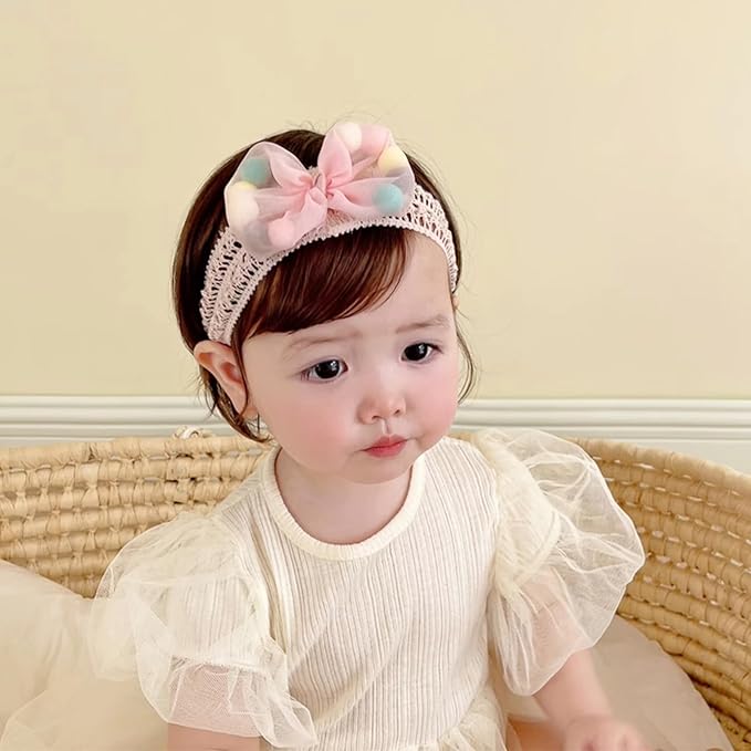 Baby Girls Hairbands Bow Lace Headband Handmade Soft Stretchy Pink Bowknot Hairbands Newborn Hairband with Bows Elastic Hair Bands for Kids Infant(Pink Ball Bow