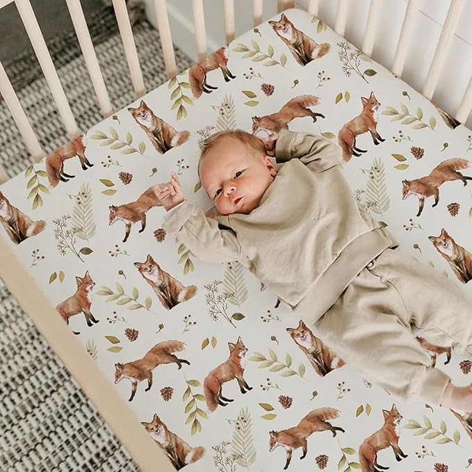 BROLEX Baby Fitted Crib Sheets: Kid Crib Sheets - Set of 2 for Toddler Standard Size Crib Mattress for Boys and Girls - Jersey Knit Crib Bed Sheets Fox&Foliage