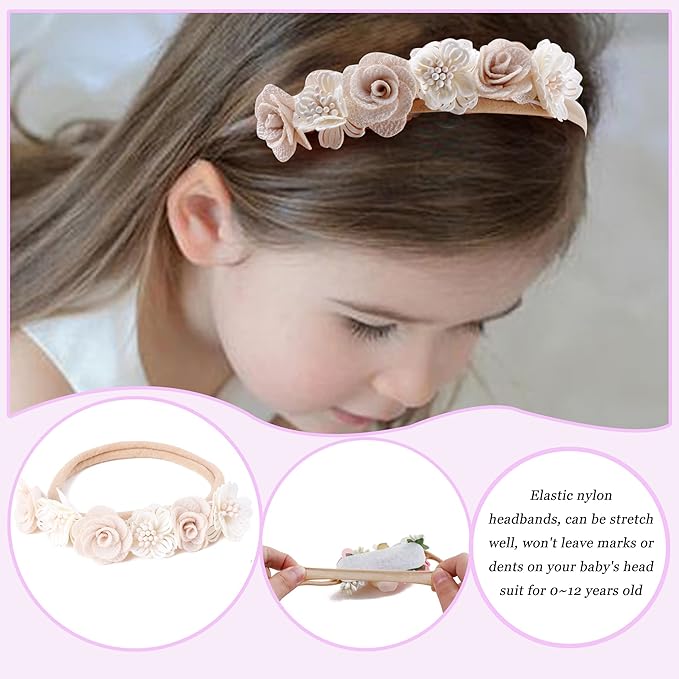 Baby Girl Flower Headband 4 PCS Elastic Hairbands Handmade Nylon Bows Headbands Chic Floral Hair Accessories Kids Gifts for Newborn Infant Toddlers